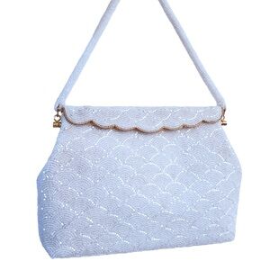 Vintage White Beaded Handbag with Gold Detailing 1960s Art Deco Style Bag EUC